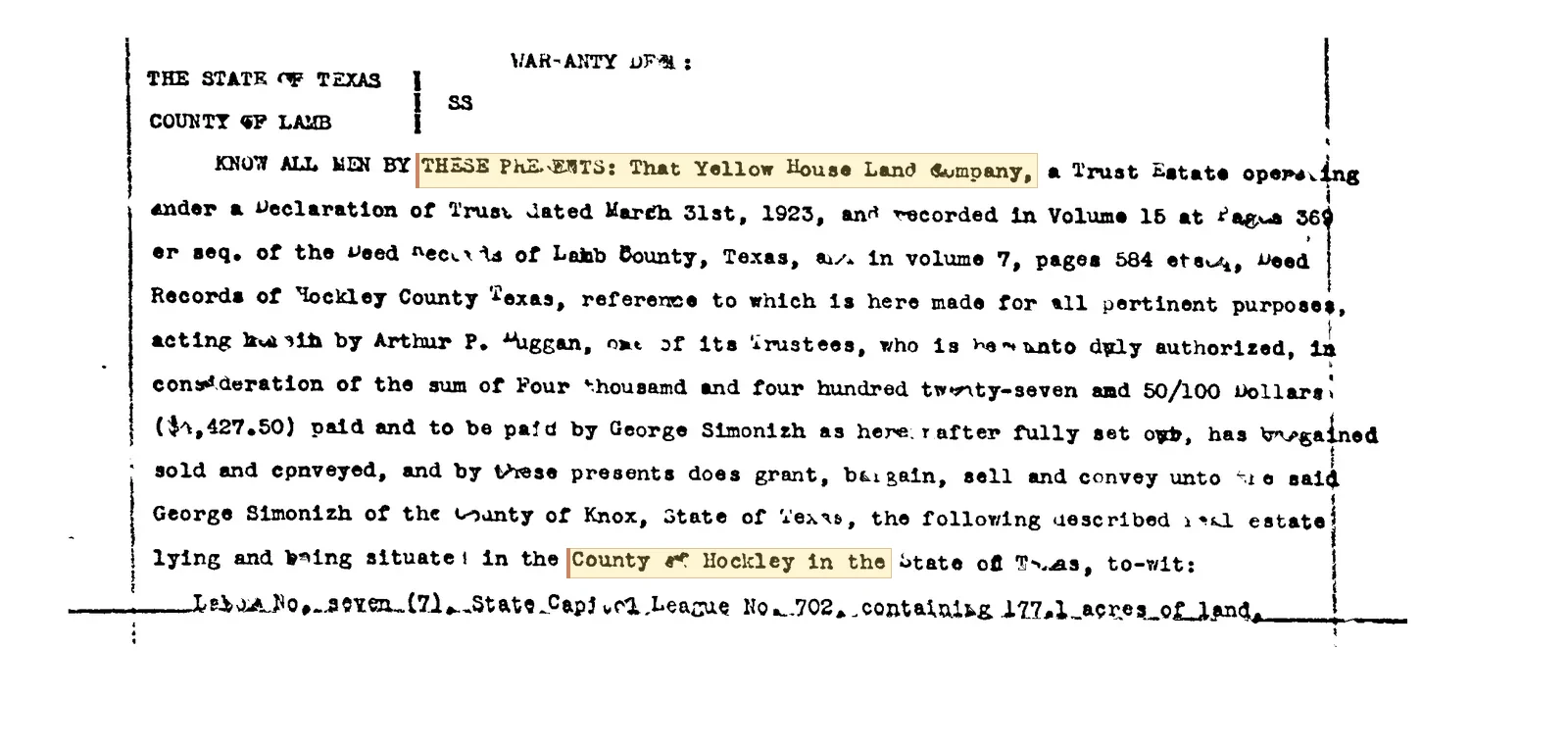 Yellow House Land Company - Recorded Warranty Deed (Doc #248734058)
